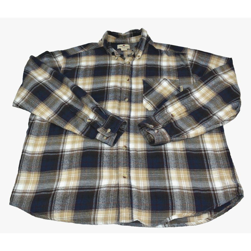 Woolrich Men's Shirt Size XL Flannel Brown/Blue Plaid Button Up Long Sleeve